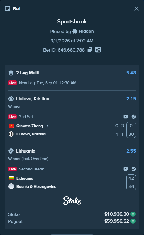 Bet slip: Lithuania - Bosnia & Herzegovina, $10,936.00 stake at 2.55 odds, placed by Hidden