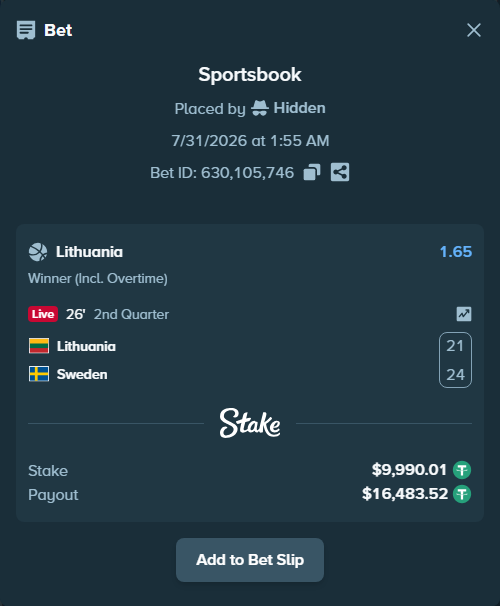 Bet slip: Lithuania - Sweden, $10,000.00 stake at 1.65 odds, placed by Hidden