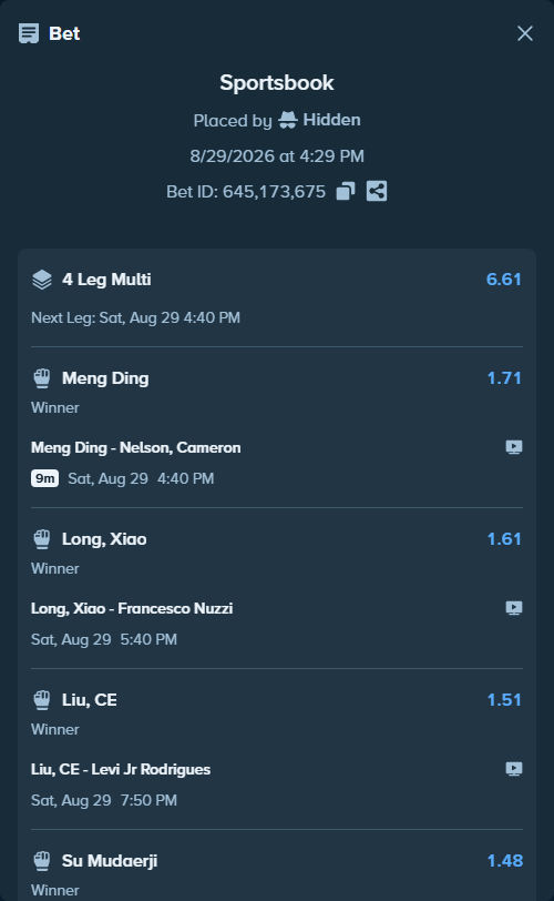 Bet slip: Liu, CE - Levi Jr Rodrigues, $10,062.89 stake at 1.51 odds, placed by Hidden