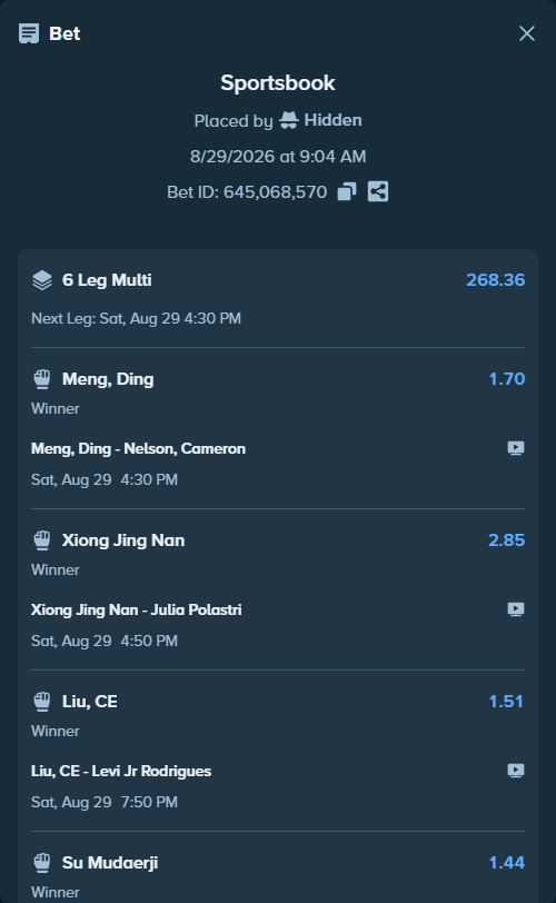 Bet slip: Liu, CE - Levi Jr Rodrigues, $15,000.00 stake at 1.51 odds, placed by Hidden