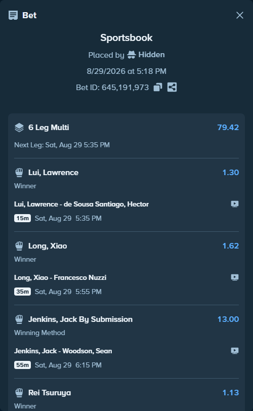 Bet slip: Liu, CE - Levi Jr Rodrigues, $19,000.00 stake at 1.51 odds, placed by Hidden
