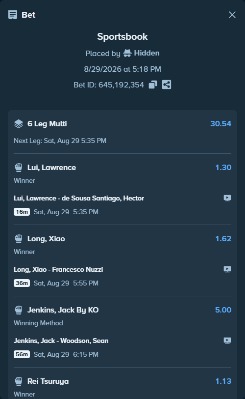 Bet slip: Liu, CE - Levi Jr Rodrigues, $20,000.00 stake at 1.51 odds, placed by Hidden