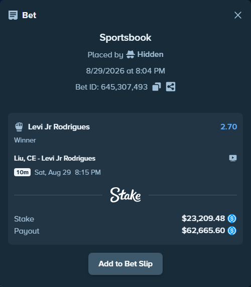 Bet slip: Liu, CE - Levi Jr Rodrigues, $23,209.48 stake at 2.70 odds, placed by Hidden