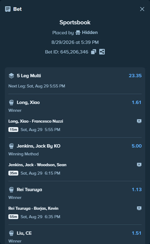 Bet slip: Liu, CE - Levi Jr Rodrigues, $29,765.24 stake at 1.51 odds, placed by Hidden