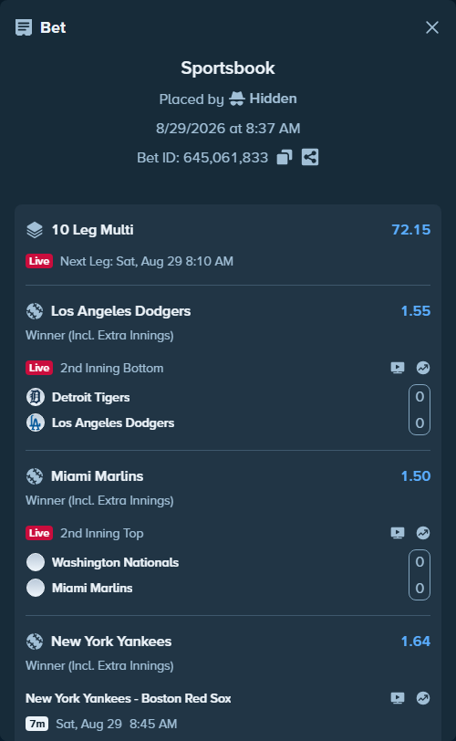 Bet slip: Liu, CE - Levi Jr Rodrigues, $43,603.72 stake at 1.51 odds, placed by Hidden