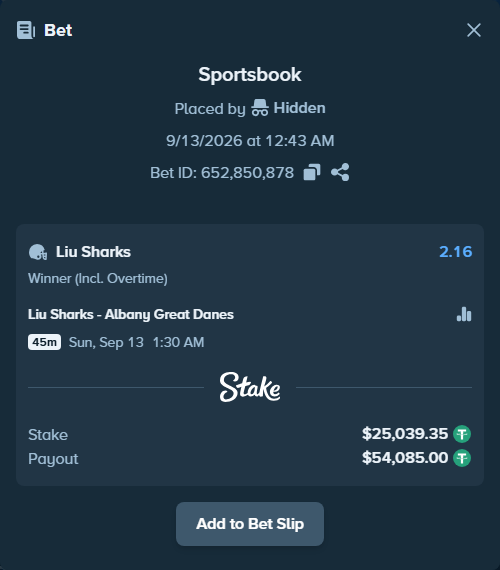 Bet slip: LIU Sharks - University At Albany Great Danes, $25,039.35 stake at 2.16 odds, placed by Hidden