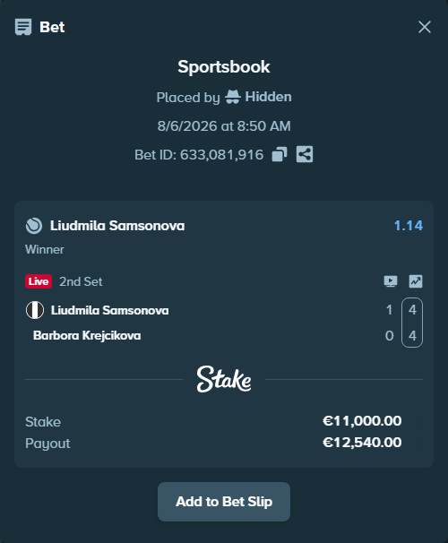 Bet slip: Liudmila Samsonova - Barbora Krejcikova, $11,880.00 stake at 1.14 odds, placed by Hidden