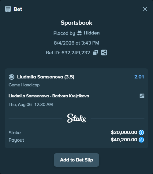 Bet slip: Liudmila Samsonova - Barbora Krejcikova, $20,000.00 stake at 2.01 odds, placed by Hidden