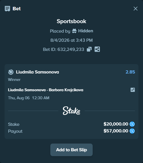 Bet slip: Liudmila Samsonova - Barbora Krejcikova, $20,000.00 stake at 2.85 odds, placed by Hidden