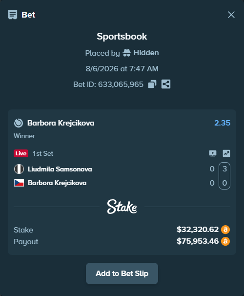 Bet slip: Liudmila Samsonova - Barbora Krejcikova, $32,162.00 stake at 2.35 odds, placed by Hidden