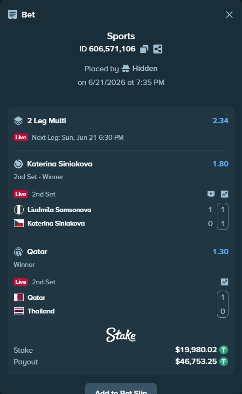 Bet slip: Liudmila Samsonova - Katerina Siniakova, $20,000.00 stake at 1.80 odds, placed by Hidden