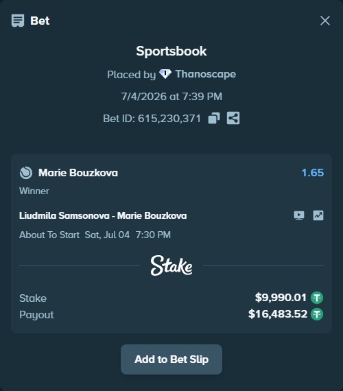 Bet slip: Liudmila Samsonova - Marie Bouzkova, $10,000.00 stake at 1.65 odds, placed by Thanoscape