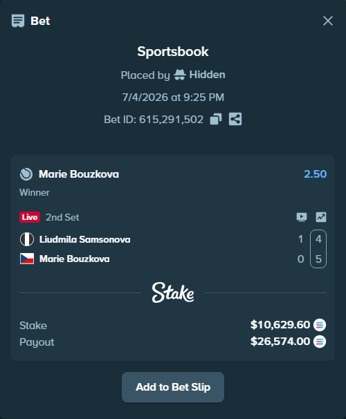 Bet slip: Liudmila Samsonova - Marie Bouzkova, $10,609.30 stake at 2.50 odds, placed by VTD