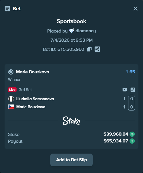Bet slip: Liudmila Samsonova - Marie Bouzkova, $40,000.00 stake at 1.65 odds, placed by diomancy