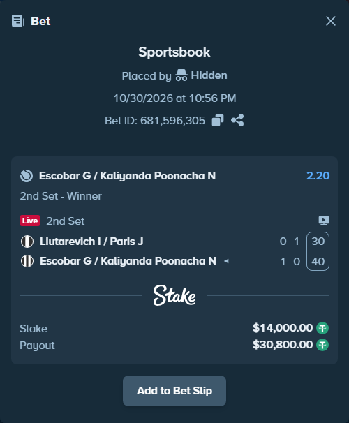 Bet slip: Liutarevich I / Paris J - Escobar G / Kaliyanda Poonacha N, $14,014.00 stake at 2.20 odds, placed by Hidden