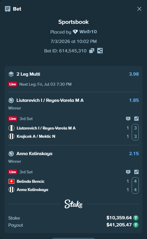 Bet slip: Liutarevich I / Reyes-Varela M A - Krajicek A / Mektic N, $10,370.00 stake at 1.85 odds, placed by WinTr10