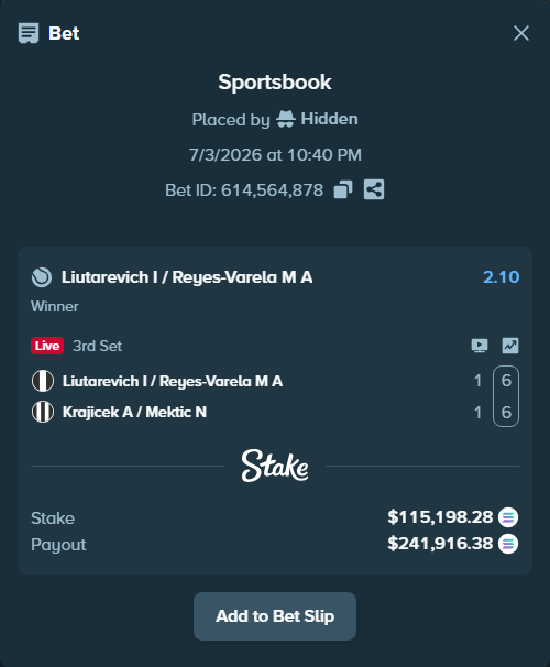 Bet slip: Liutarevich I / Reyes-Varela M A - Krajicek A / Mektic N, $116,212.24 stake at 2.10 odds, placed by Hidden