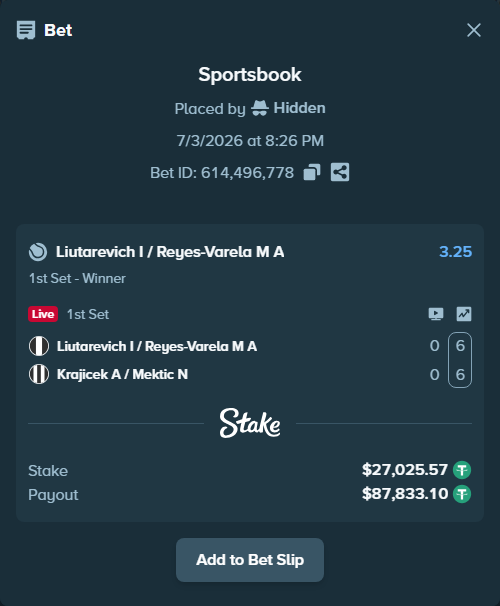 Bet slip: Liutarevich I / Reyes-Varela M A - Krajicek A / Mektic N, $27,052.59 stake at 3.25 odds, placed by Hidden