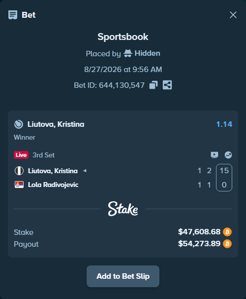 Bet slip: Liutova, Kristina - Lola Radivojevic, $47,633.93 stake at 1.14 odds, placed by Hidden