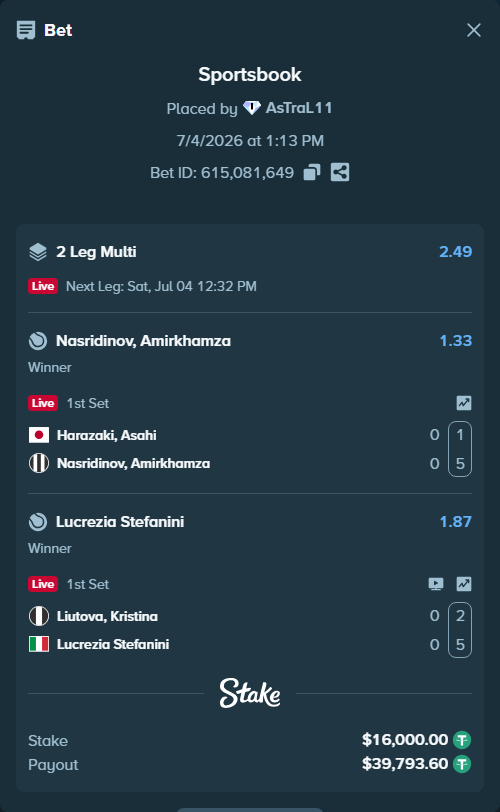Bet slip: Liutova, Kristina - Lucrezia Stefanini, $16,016.00 stake at 1.87 odds, placed by AsTraL11