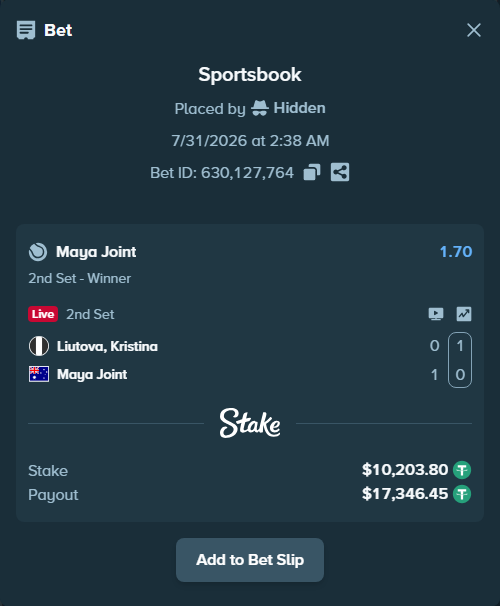 Bet slip: Liutova, Kristina - Maya Joint, $10,214.00 stake at 1.70 odds, placed by Hidden