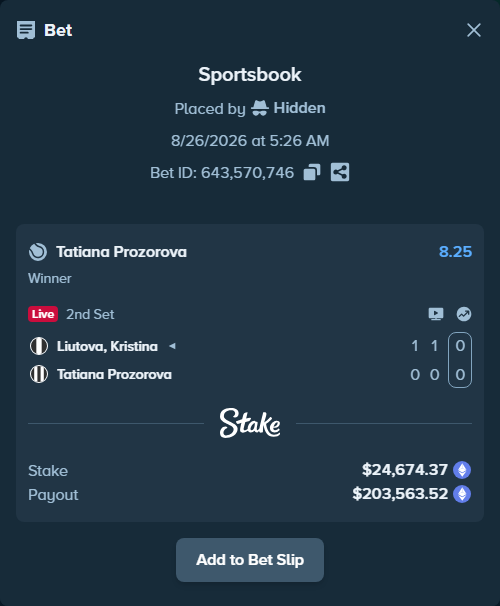 Bet slip: Liutova, Kristina - Tatiana Prozorova, $24,727.11 stake at 8.25 odds, placed by Hidden