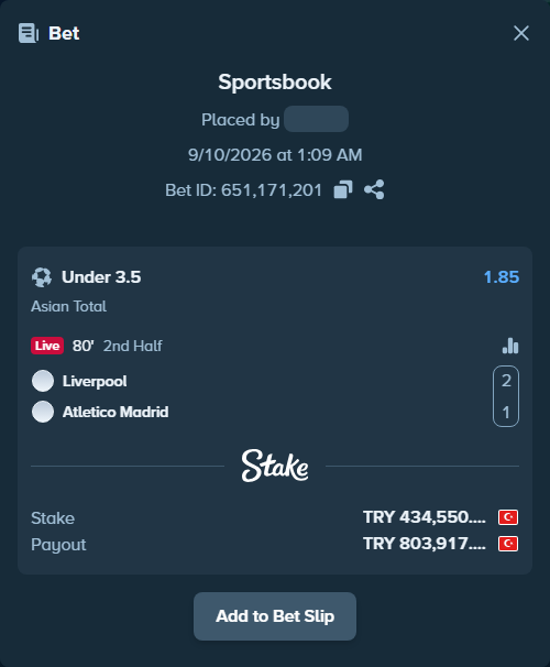 Bet slip: Liverpool - Atletico Madrid, $13,036.50 stake at 1.85 odds, placed by ozkanhaci10