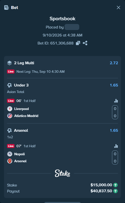 Bet slip: Liverpool - Atletico Madrid, $15,000.00 stake at 1.65 odds, placed by KOHINUR7474