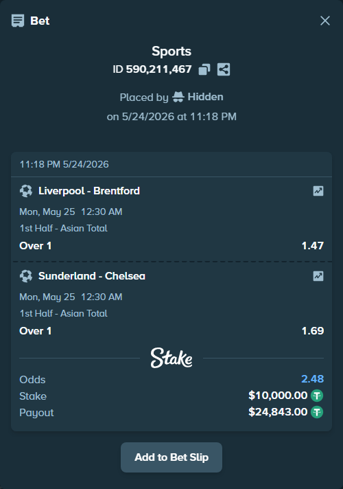 Bet slip: Liverpool - Brentford, $10,000.00 stake at 1.47 odds, placed by Hidden