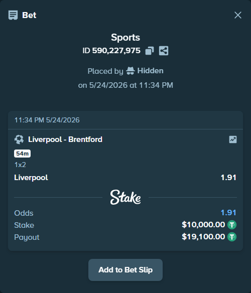 Bet slip: Liverpool - Brentford, $10,000.00 stake at 1.91 odds, placed by Hidden