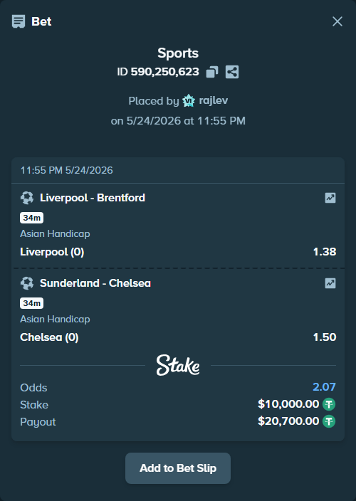 Bet slip: Liverpool - Brentford, $10,000.00 stake at 1.38 odds, placed by rajlev
