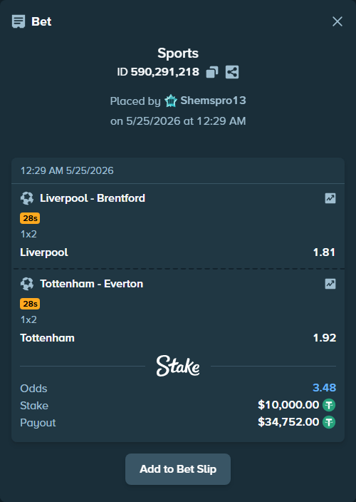 Bet slip: Liverpool - Brentford, $10,000.00 stake at 1.81 odds, placed by Shemspro13