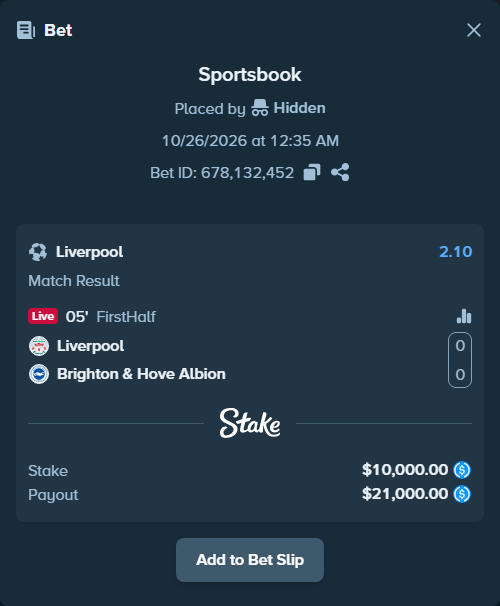 Bet slip: Liverpool - Brighton, $10,000.00 stake at 2.10 odds, placed by Charskjerdal