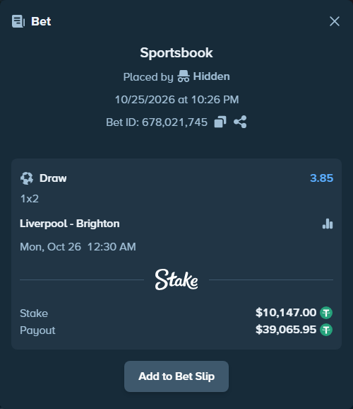 Bet slip: Liverpool - Brighton, $10,157.15 stake at 3.85 odds, placed by DXBMustard