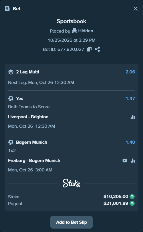 Bet slip: Liverpool - Brighton, $10,215.20 stake at 1.47 odds, placed by Hidden
