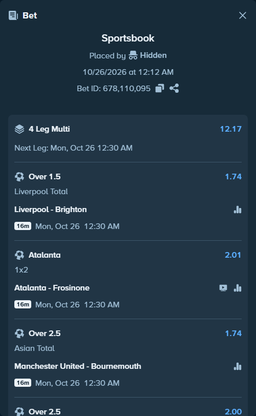 Bet slip: Liverpool - Brighton, $12,010.43 stake at 1.74 odds, placed by Kleaklea2429