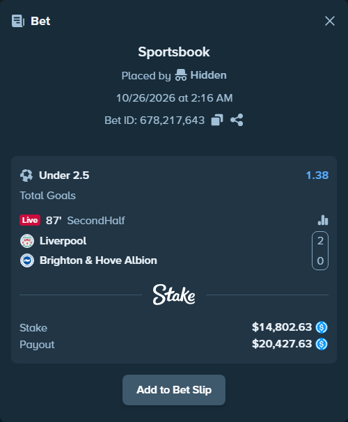 Bet slip: Liverpool - Brighton, $14,802.63 stake at 1.38 odds, placed by Hidden