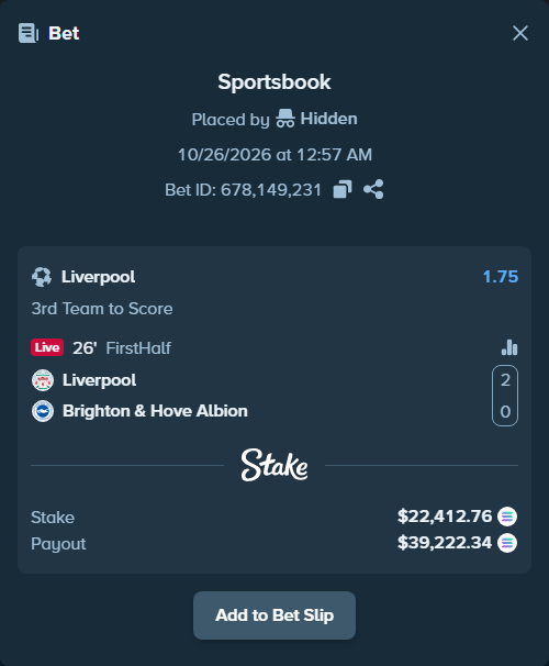Bet slip: Liverpool - Brighton, $22,599.00 stake at 1.75 odds, placed by Hidden