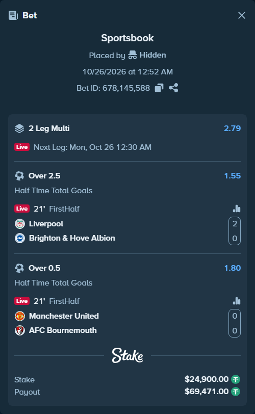Bet slip: Liverpool - Brighton, $24,924.90 stake at 1.55 odds, placed by Hidden