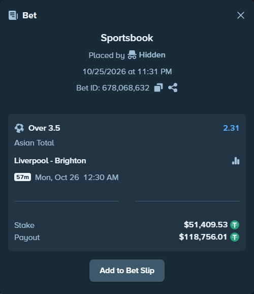 Bet slip: Liverpool - Brighton, $51,460.94 stake at 2.31 odds, placed by artur58500