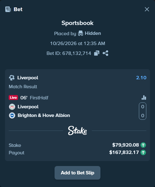Bet slip: Liverpool - Brighton, $80,000.00 stake at 2.10 odds, placed by BetlikeaKing