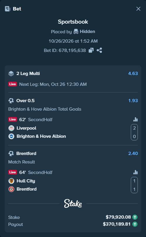 Bet slip: Liverpool - Brighton, $80,000.00 stake at 1.93 odds, placed by Hidden