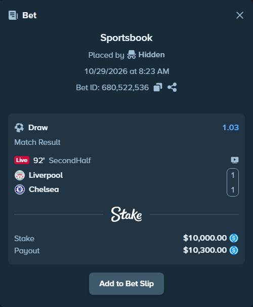 Bet slip: Liverpool - Chelsea, $10,000.00 stake at 1.03 odds, placed by Charskjerdal