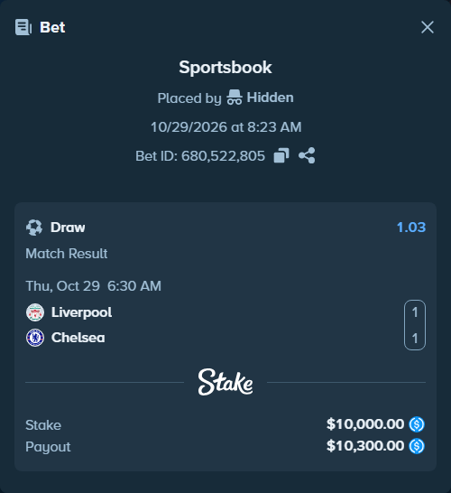Bet slip: Liverpool - Chelsea, $10,000.00 stake at 1.03 odds, placed by Charskjerdal