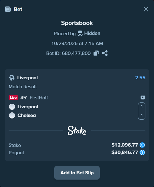 Bet slip: Liverpool - Chelsea, $12,096.77 stake at 2.55 odds, placed by Molle59