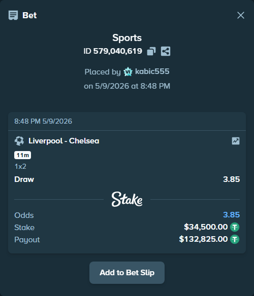 Bet slip: Liverpool - Chelsea, $34,500.00 stake at 3.85 odds, placed by kabic555