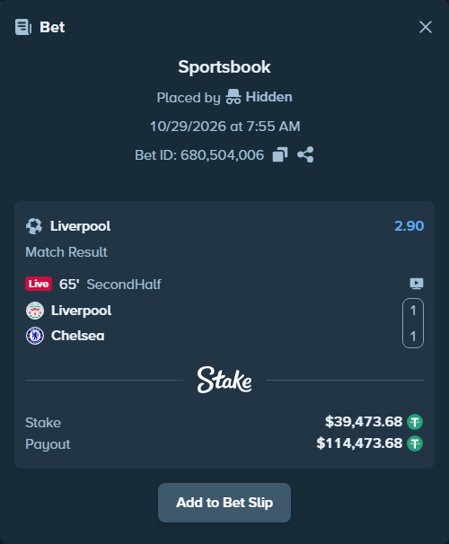 Bet slip: Liverpool - Chelsea, $39,513.16 stake at 2.90 odds, placed by TheEarlinGrey
