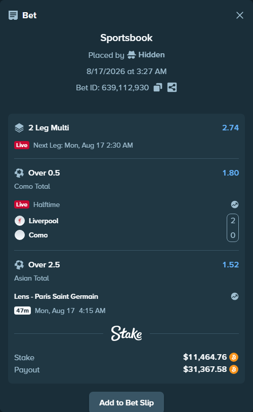 Bet slip: Liverpool - Como, $11,471.21 stake at 1.80 odds, placed by Hidden