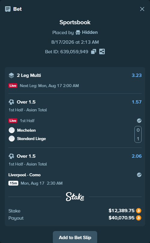 Bet slip: Liverpool - Como, $12,361.33 stake at 2.06 odds, placed by Hidden