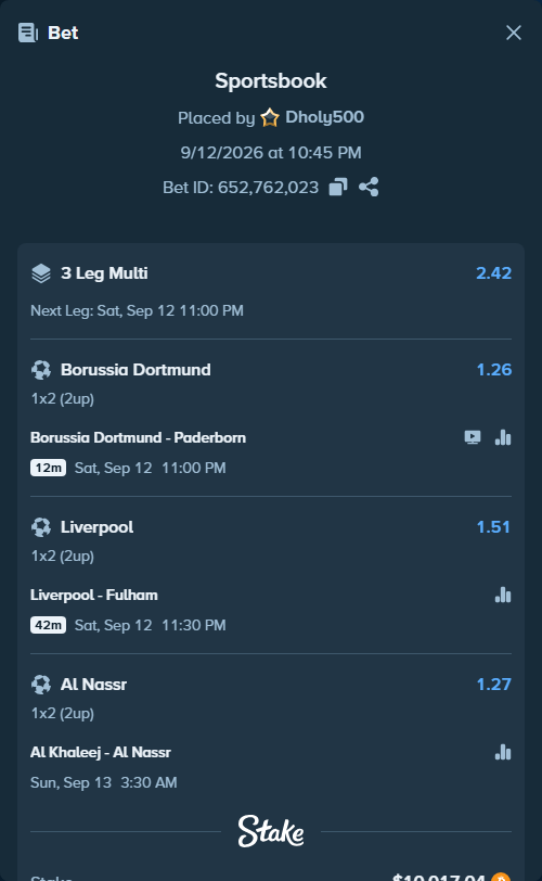 Bet slip: Liverpool - Fulham, $9,996.24 stake at 1.51 odds, placed by Dholy500